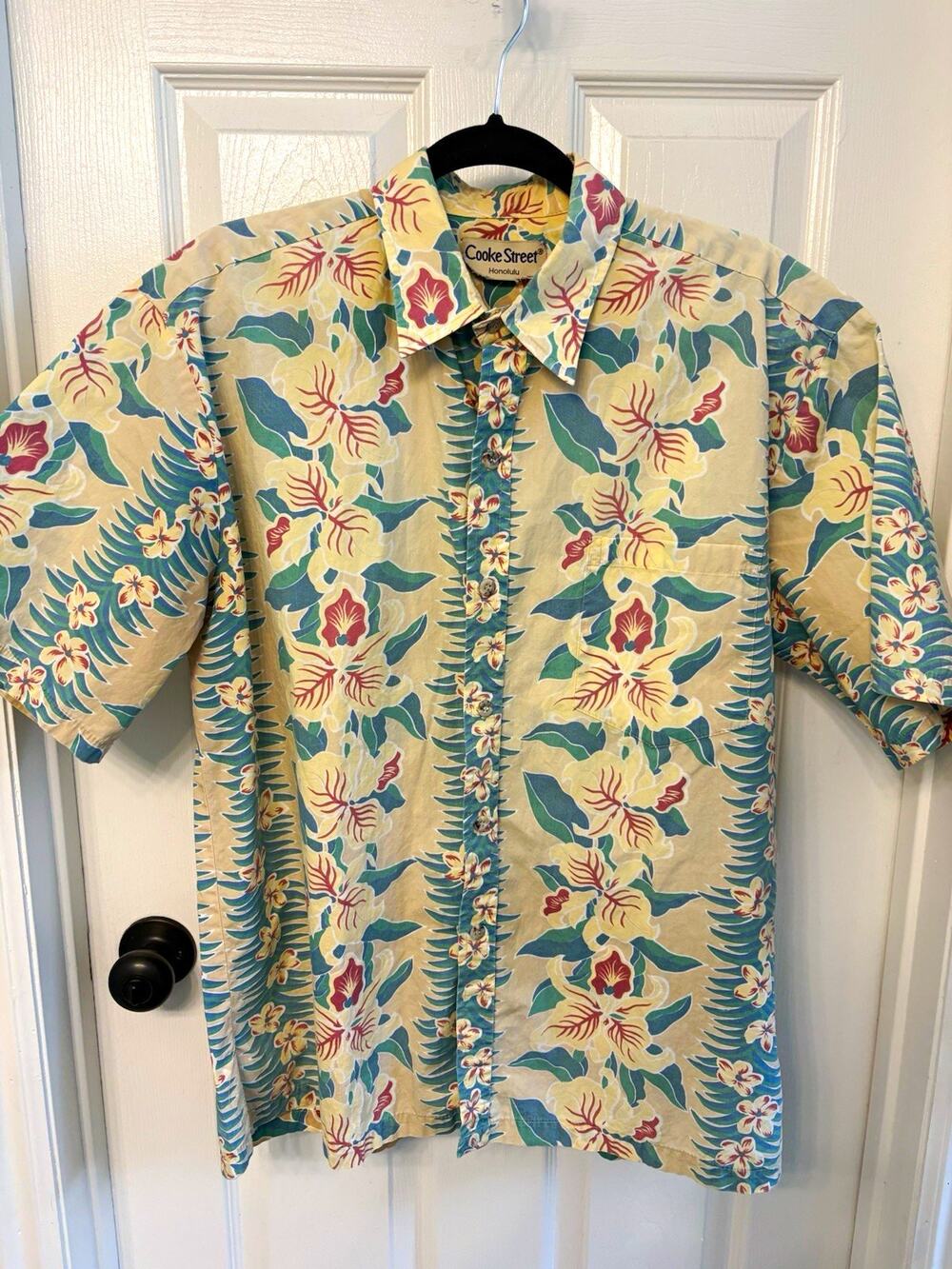 Cooke Street Men’s XL Yellow Floral Cotton Woven Hawaiian Button-Front Shirt